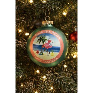 FLAMINGO Merry Christmas Glass Ball Ornaments Deck The Palms  Set Of 4 New